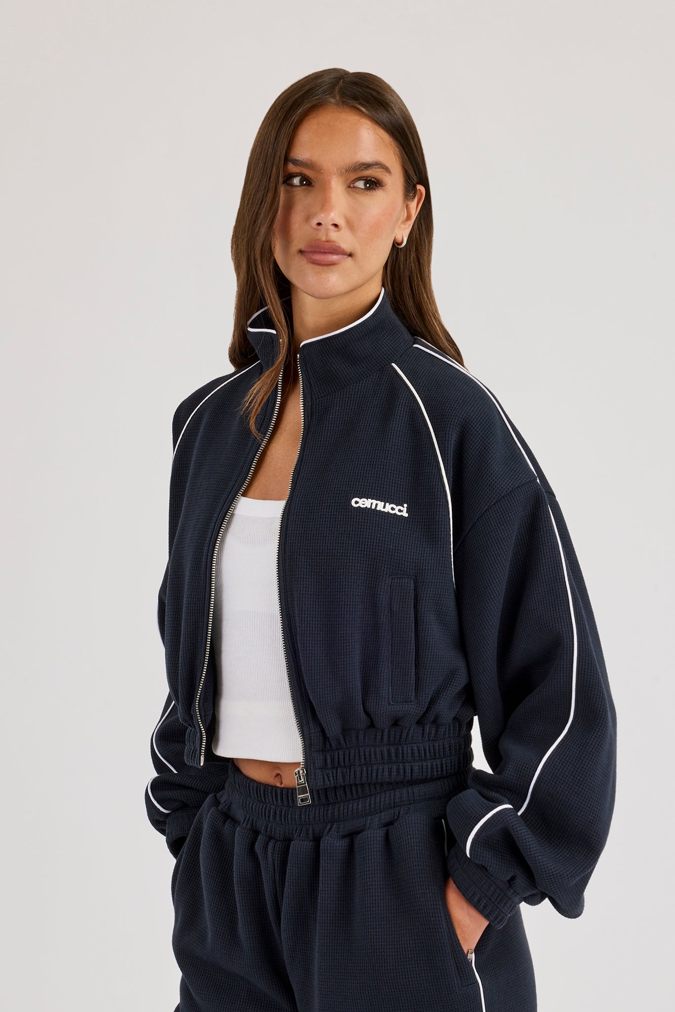 Waffle Contrast Piping Cropped Track Jacket - Navy Blue